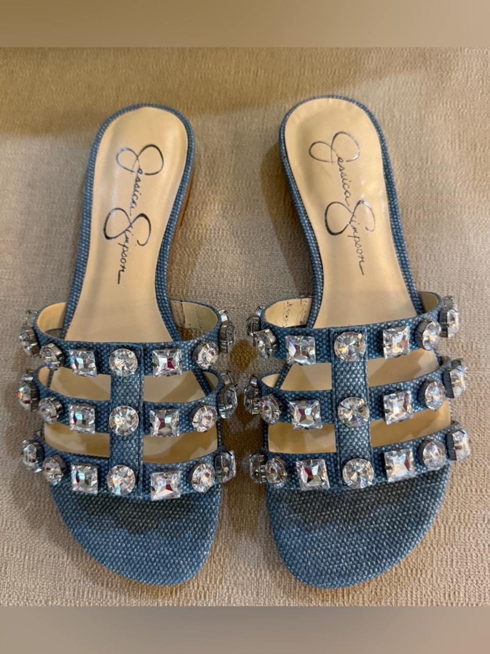 Jessica Simpson Detta Denim Blue Jeweled Slide Mules